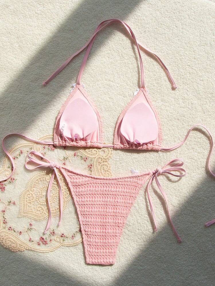 Women Solid Color Simple Halter Neck Bikini Set Summer Beach