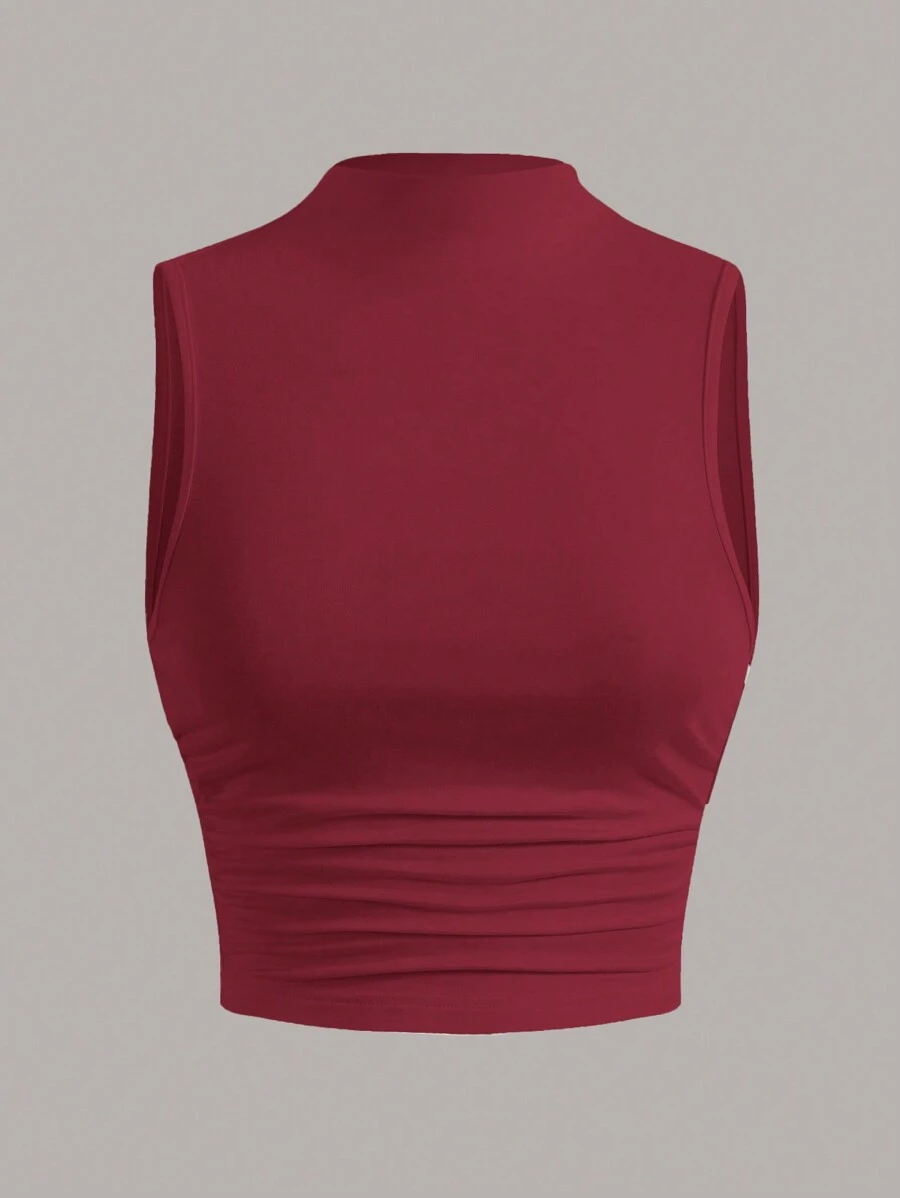 SHEIN EZwear Summer Going Out Mock Neck Ruched Side White Summer Tank Top - Burgundy - View 1