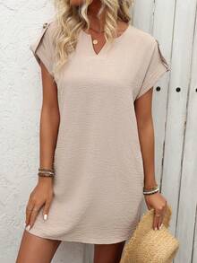 SHEIN LUNE Đầm nữ tay cánh dơi cổ chữ V màu trơn kỳ nghỉ hè - Màu be - Xem 5