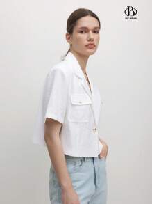 BizChic Women Solid Color Short Sleeve Blazer With Suit Collar For Summer - White - View 3