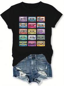 INAWLY Plus Size Magnetic Tape Printed Round Neck Short Sleeve Casual T-Shirt For Summer