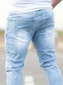 Manfinity LEGND Men Ripped Frayed Bleach Wash Jeans Straight Leg Long Jean Cargo Plain Light Blue Work Regular Shirts Friends
