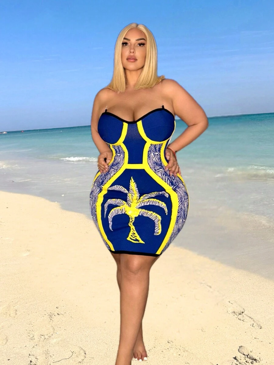 SHEIN SXY Plus Size Strapless Floral Vacation Style Fashion Spring And Summer Dress