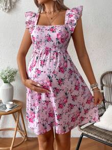 SHEIN Maternity Floral Print Dress With Floral Flounce Sleeves - Pink - View 5