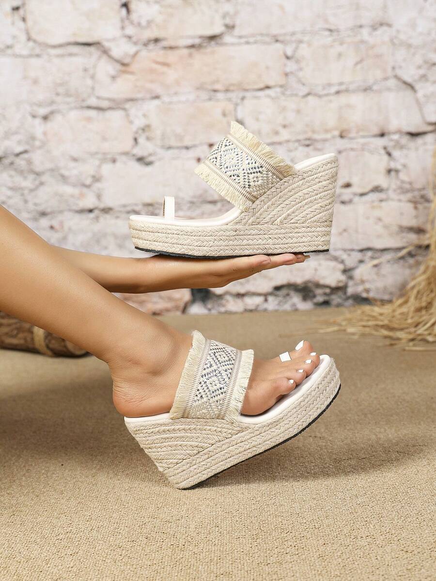 女士夏季楔型涼鞋-韓版，防水平臺，厚底，高跟，編織草鞋 - 杏色 - 查看 1