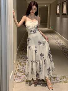DAZY 波西米亚风印花雪纺吊带连衣裙，生日、新年夜花卉图案舞会礼服，优雅女士复活节连衣裙 - 紫色 - 查看 7