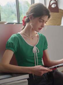 Simple Retro Áo thun dệt kim tay ngắn cổ tròn có dây rút màu tương phản dành cho nữ, Xuân/Hè - màu xanh lá - Xem 5