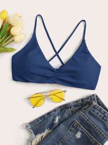 SHEIN Swim Summer Beach Ruched Tie Back Bikini Top - Blue - View 1