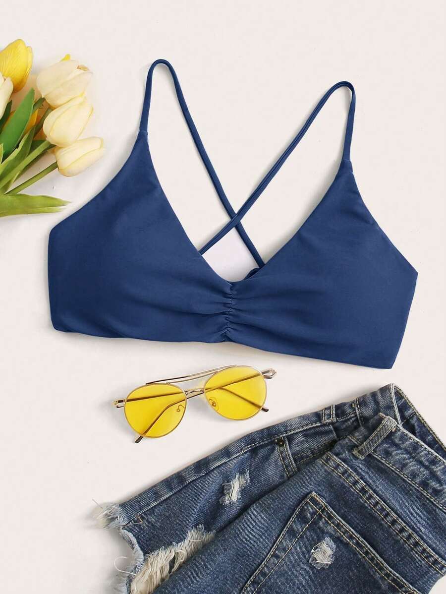 SHEIN Swim Summer Beach Ruched Tie Back Bikini Top - Blue - View 1