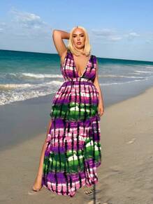SHEIN SXY Plus Size Tie Dye  Deep V-Neck Split Hem Fashionable Spring Summer Cami Dress For Holiday Outfits Beach Dress - Multicolor - View 5
