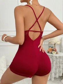 SHEIN 女士花邊裝飾修身連體睡衣 - 酒紅色 - 查看 2