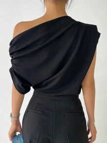 DAZY Women's Solid Color Asymmetrical Neck Ruched T-Shirt, Summer Y2k - Black - View 3