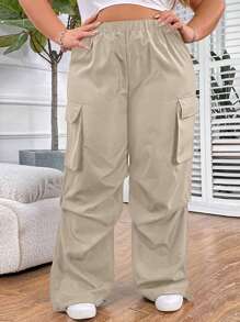 SHEIN CURVE+ Plus Size Women Solid Color Elastic Waist Cargo Pocketed Casual Loose Fit Long Pants