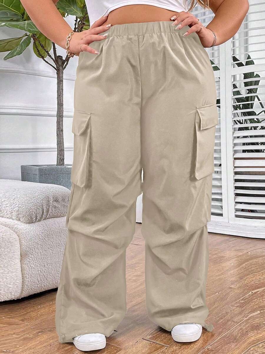 SHEIN CURVE+ Plus Size Women Solid Color Elastic Waist Cargo Pocketed Casual Loose Fit Long Pants