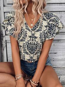 SHEIN LUNE In đầy đủ Áo sơ mi mùa hè tay áo cổ chữ V cắt ngẫu nhiên - Nhiều màu - Xem 1