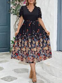 SHEIN Clasi Vestido largo estampado floral de mangas cortas con encaje de cuello en V asimétrico y mangas abullonadas cortas de estilo veraniego para mujeres de talla grande para vacaciones - Multicolor - Ver 5