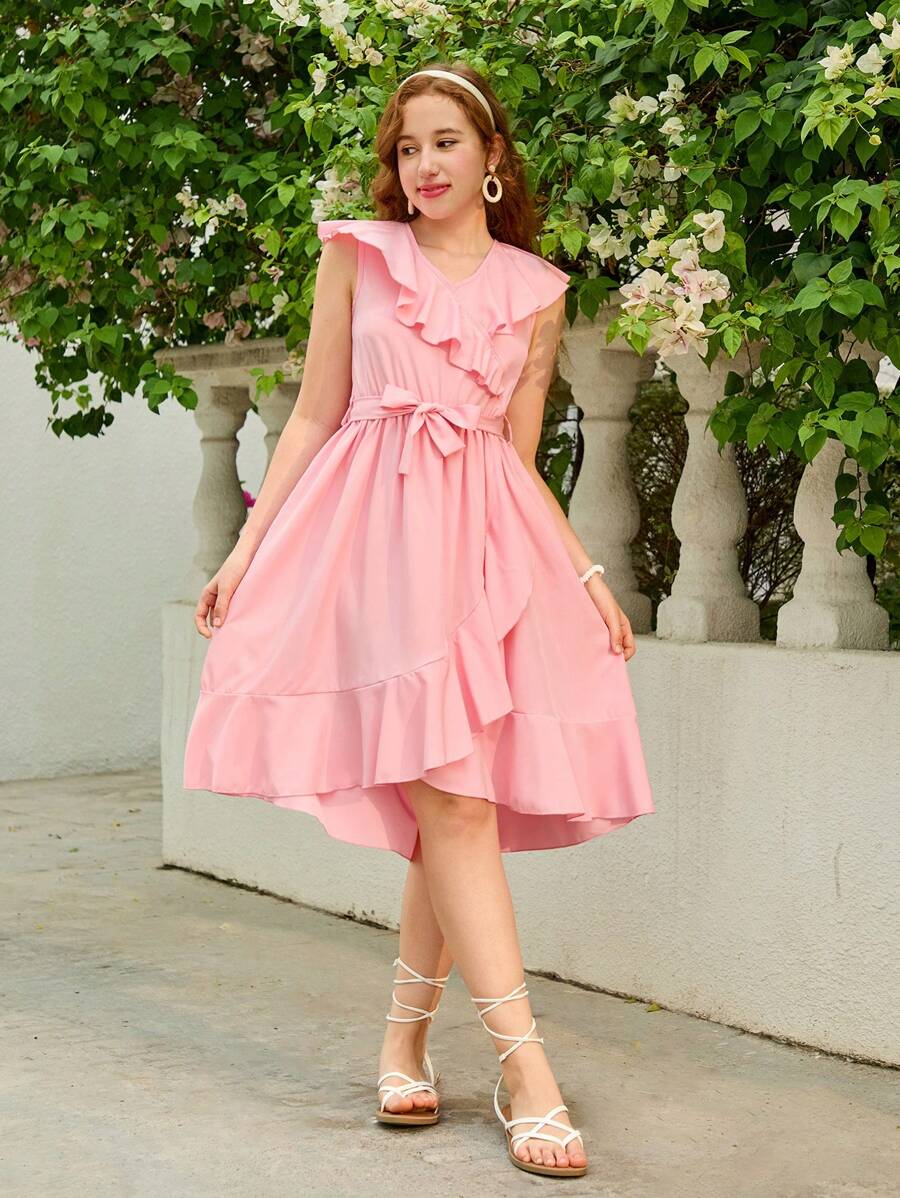 SHEIN Vestido de verano para adolescente con diseño envolvente con borde de volantes - Rosa Pálido - Ver 1