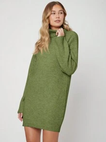 EURMUSE Chất rắn Áo cao cổ Thả vai Đầm Áo len - Màu Khaki - Xem 7