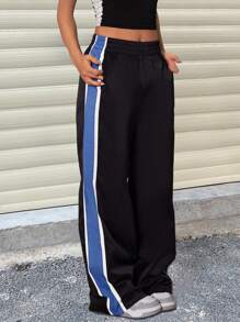 女式拼色口袋宽松休闲裤，秋季