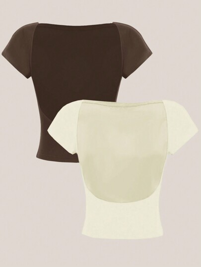 SHEIN EZwear 2 piezas Camisetas cortas ajustadas para mujer con cuello redondo, mangas cortas y espalda descubierta en color albaricoque y marrón, adecuadas para el verano