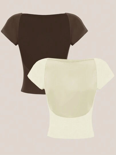 SHEIN EZwear 2pcs Apricot & Brown Sexy Backless Round Neck Short Sleeve Cropped Fitted Women T-Shirts, Suitable For Summer