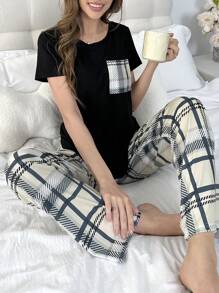 Women Fashionable Plaid Short-Sleeve Long Pants Pajama Set