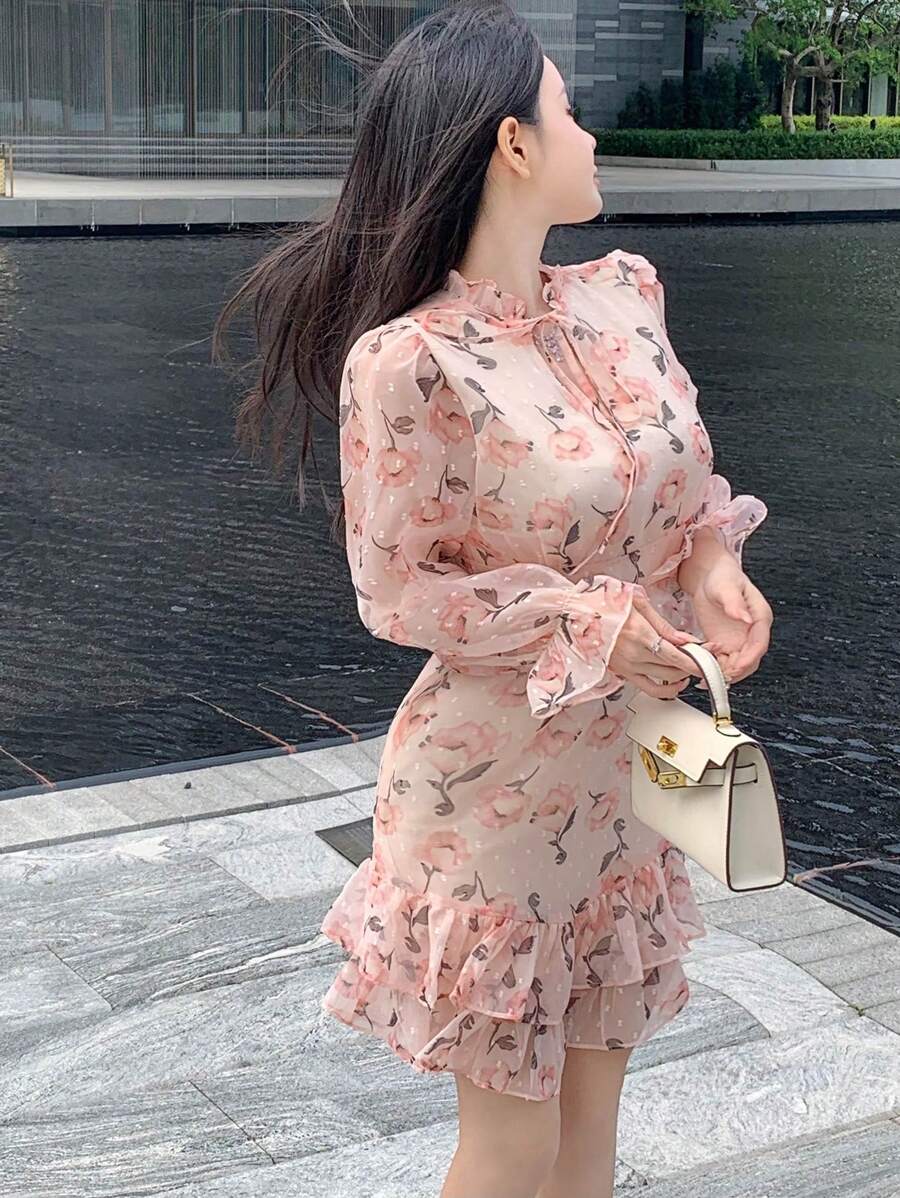 DAZY Đầm dài tay họa tiết hoa nhí bằng vải chiffon xếp nếp dành cho nữ, thích hợp cho Ngày Valentine, trang phục đi học, đầm mùa thu hoặc lễ Phục sinh. - Hồng - Xem 1