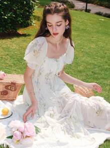 Long Ditsy Floral Square Neck Ruffle Hem Casual Dress - Purple - View 4