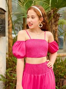 SHEIN Teen Girl Solid Color 2-Piece Set Of Cold Shoulder Shirred Top And Skirt