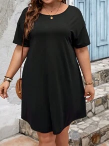 SHEIN LUNE Đầm màu đất huỳnh quang Hở lưng cổ chữ V nghệ thuật Áo thun hình bướm Plus Size - màu đen - Xem 3