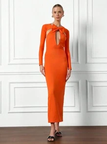MISSGUIDED Cut Out Long Sleeve Maxi Dress - Orange - View 1