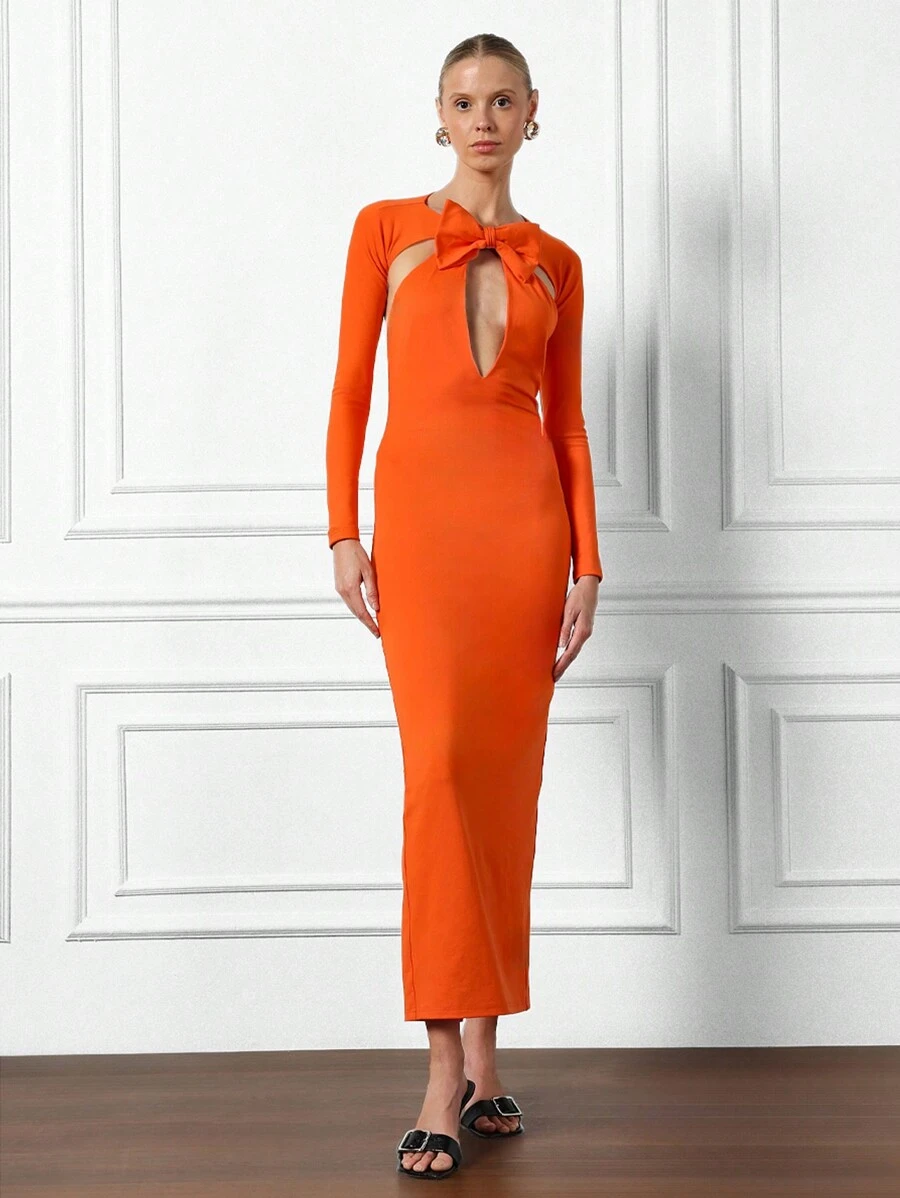 MISSGUIDED Cut Out Long Sleeve Maxi Dress - Orange - View 1