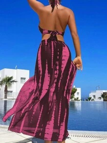 SHEIN Swim 女士漸層色露背比基尼套裝，腰部空心設計，搭配遮陽衣，適合夏季海灘度假 - 玫紅色 - 查看 2