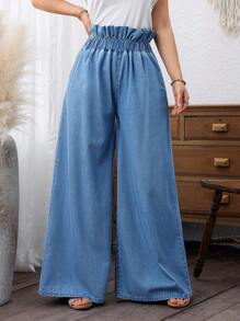 EMERY ROSE Women Plain Simple Daily Paper Bag Waist Wide Leg Jeans