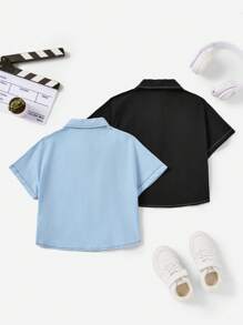 SHEIN 2pcs Young Boy Casual Sports Street Fashion White Decorative Thread Turn-Down Collar Short-Sleeved Loose Shoulder Black Shirt And Blue Shirt, Suitable For Daily Wear, School, Sports And Spring/Summer Seasons