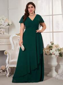 Plus Size Solid Color V-Neck Ruffle Sleeve Asymmetrical Hem Chiffon Dress Party Dress Wedding Guest Dress Formal Dress Evening Dress, Bride Dress, Birthday Women Outfits, Graduation Dress,Gown - Dark Green - View 6