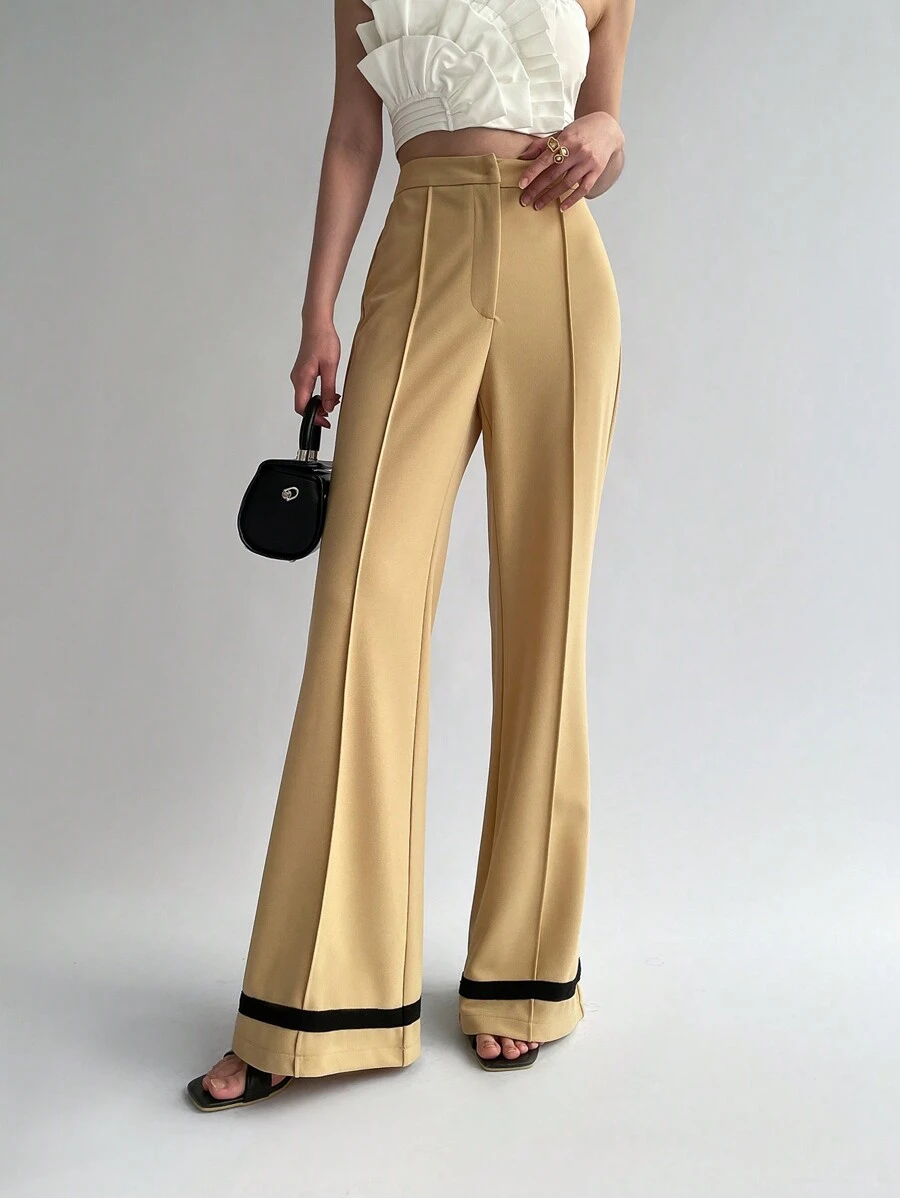 Firerie 1 件女式直筒裤，撞色下摆，优雅工作办公服装 - 杏色 - 查看 1