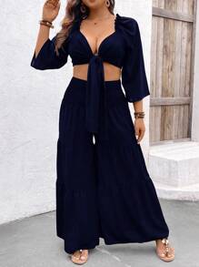 SHEIN Clasi 女士加大码系带短款上衣和阔腿裤春夏两件套 - 藏蓝色 - 查看 3