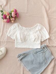 Soleia Round Neck Short Sleeve Tie Front Short T-Shirt With Frilled Hem