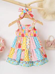 Baby Girl Sleeveless Tiered Patchwork Ruffles Summer Camping And Outdoor Vacation Dress With Headband - Multicolor - View 2
