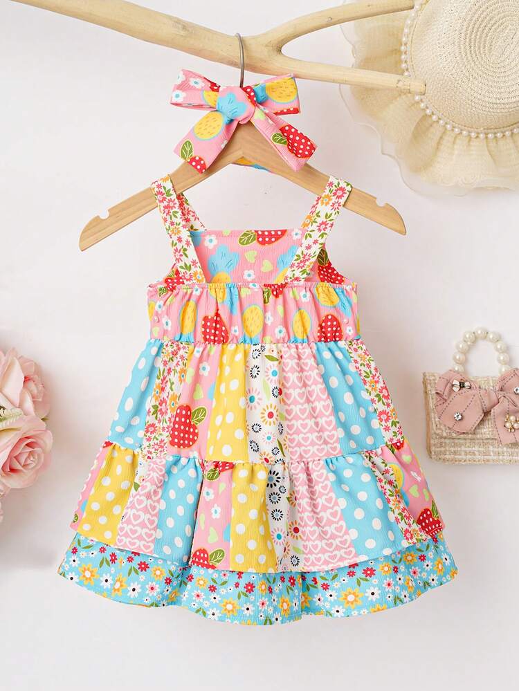 Baby Girl Sleeveless Tiered Patchwork Ruffles Summer Camping And Outdoor Vacation Dress With Headband