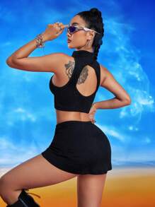 Innovista 3D Texture Fabric Solid Color Front Sports 2pcs Women Sport Sets, Zipper Tank Top,Backless Fall Corp Tops,Daily Workout &Casual ,Workout Tops,Double Zipper,Soft Rib,Spandex Crop Jacket