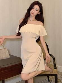 Dazy Designer Women Off-Shoulder Elegant And Well-Designed Dress, Birthday Prom Dress Sundress - Apricot - View 3