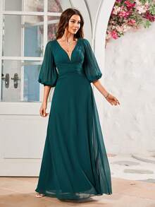 灯笼袖低胸褶皱雪纺伴娘礼服 - 墨綠色 - 查看 6