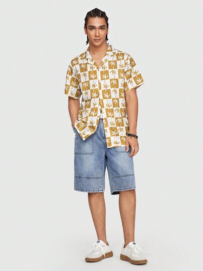 Street Life Chemise de plage à manches courtes pour hommes, imprimé à carreaux d'arbre de noix de coco