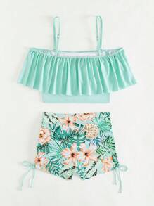 Swim Lushoire Women Cold Shoulder Design Ruffle Trim Top And Floral Print Swim Shorts, Suitable For Beach Vacation In Summer,Summer Beach - Mint Green - View 5