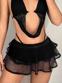 SHEIN ICON 超低腰魚網搖擺裙 - 黑色 - 查看 6