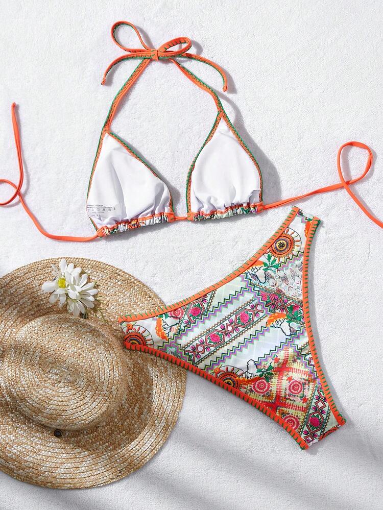 Women's Halter Neck All Over Print Bikini Set Top And Bottom, Two Pieces Bikini Set, Full Print, Random Pattern, Perfect For Summer, Beach, Pool Summer Beach