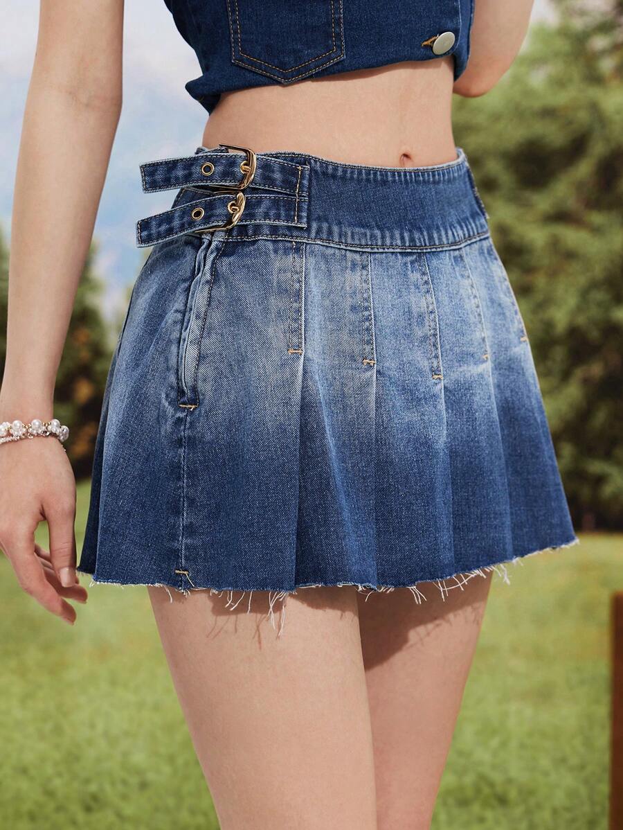 SHEIN MOD Women Summer Washed Buckle Pleated Hem Denim Skirt