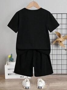 SHEIN 2pcs Young Boys Casual A-Letter Graphic Short Sleeve T-Shirt And Shorts Set, Suitable For Summer - Black - View 3